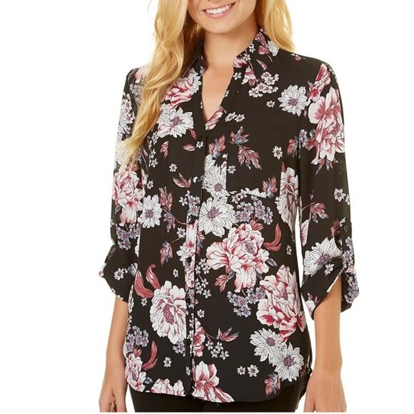 Womens A Byer Roll Sleeve Floral Roses Blouse Utility Top Size Small Black NWT - Picture 1 of 1